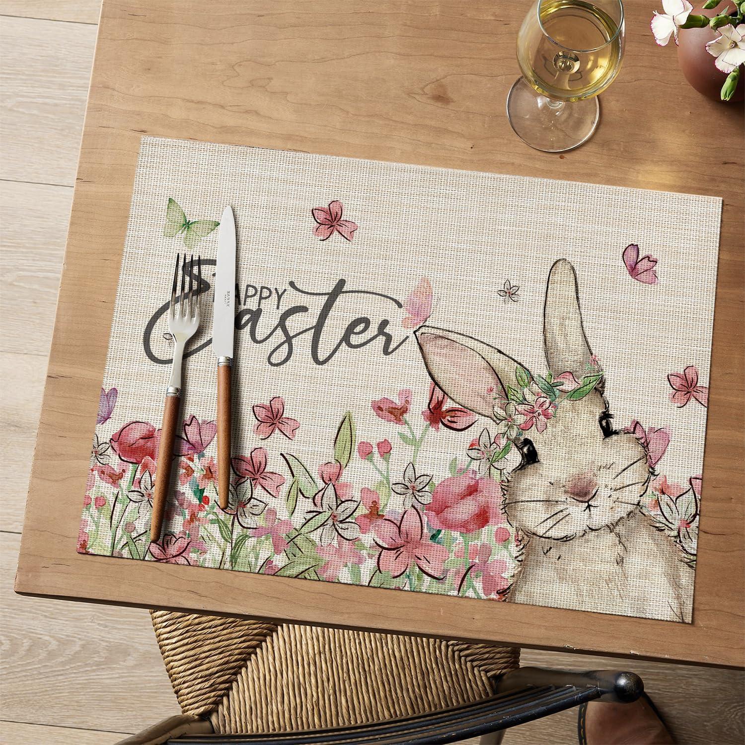 image:imageArtoid Mode Bunny Flowers Vinyl Happy Easter Placemats Set of 4 12x18 Inch Wipeable NonSlip Spring PVC Place Mats for Party Kitchen Dining Decor
