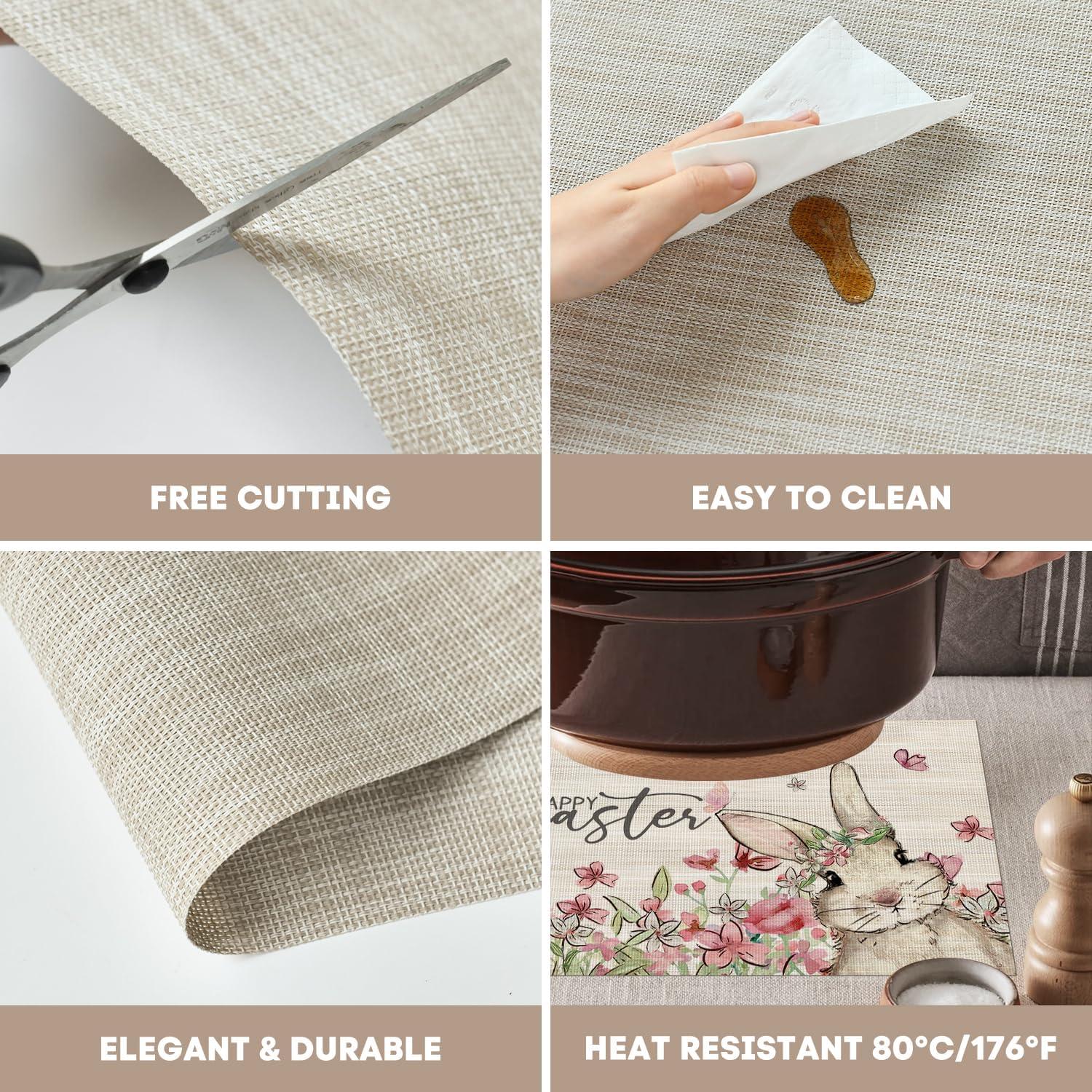 image:imageArtoid Mode Bunny Flowers Vinyl Happy Easter Placemats Set of 4 12x18 Inch Wipeable NonSlip Spring PVC Place Mats for Party Kitchen Dining Decor