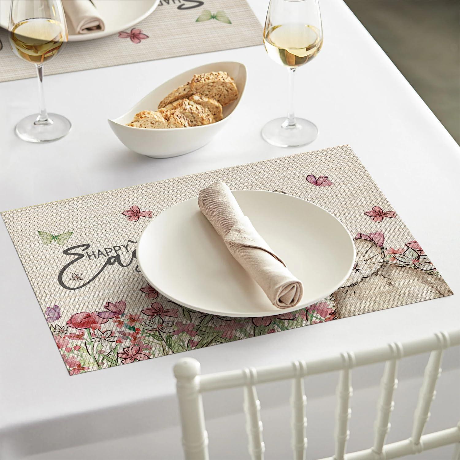 image:imageArtoid Mode Bunny Flowers Vinyl Happy Easter Placemats Set of 4 12x18 Inch Wipeable NonSlip Spring PVC Place Mats for Party Kitchen Dining Decor