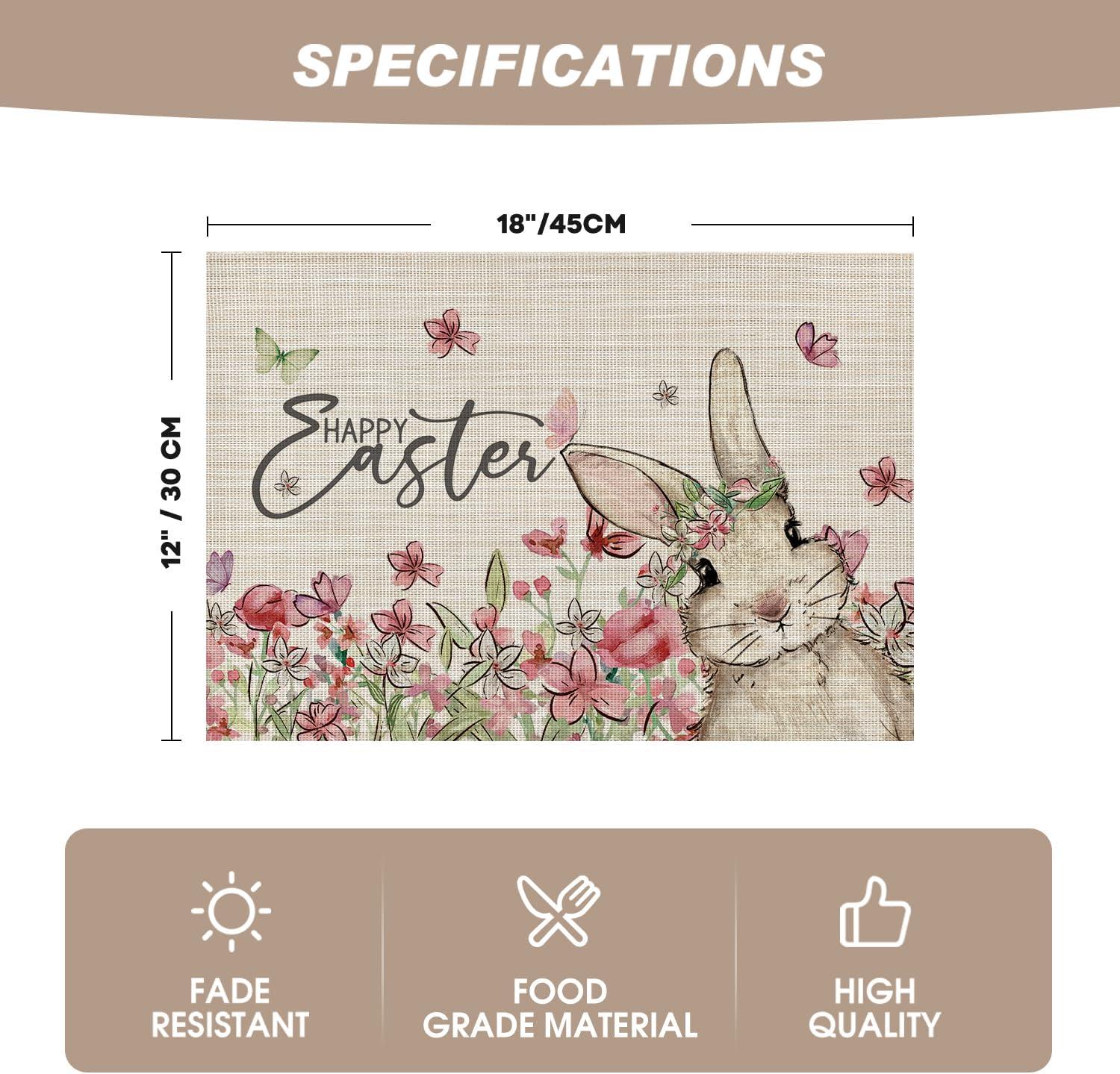 image:imageArtoid Mode Bunny Flowers Vinyl Happy Easter Placemats Set of 4 12x18 Inch Wipeable NonSlip Spring PVC Place Mats for Party Kitchen Dining Decor