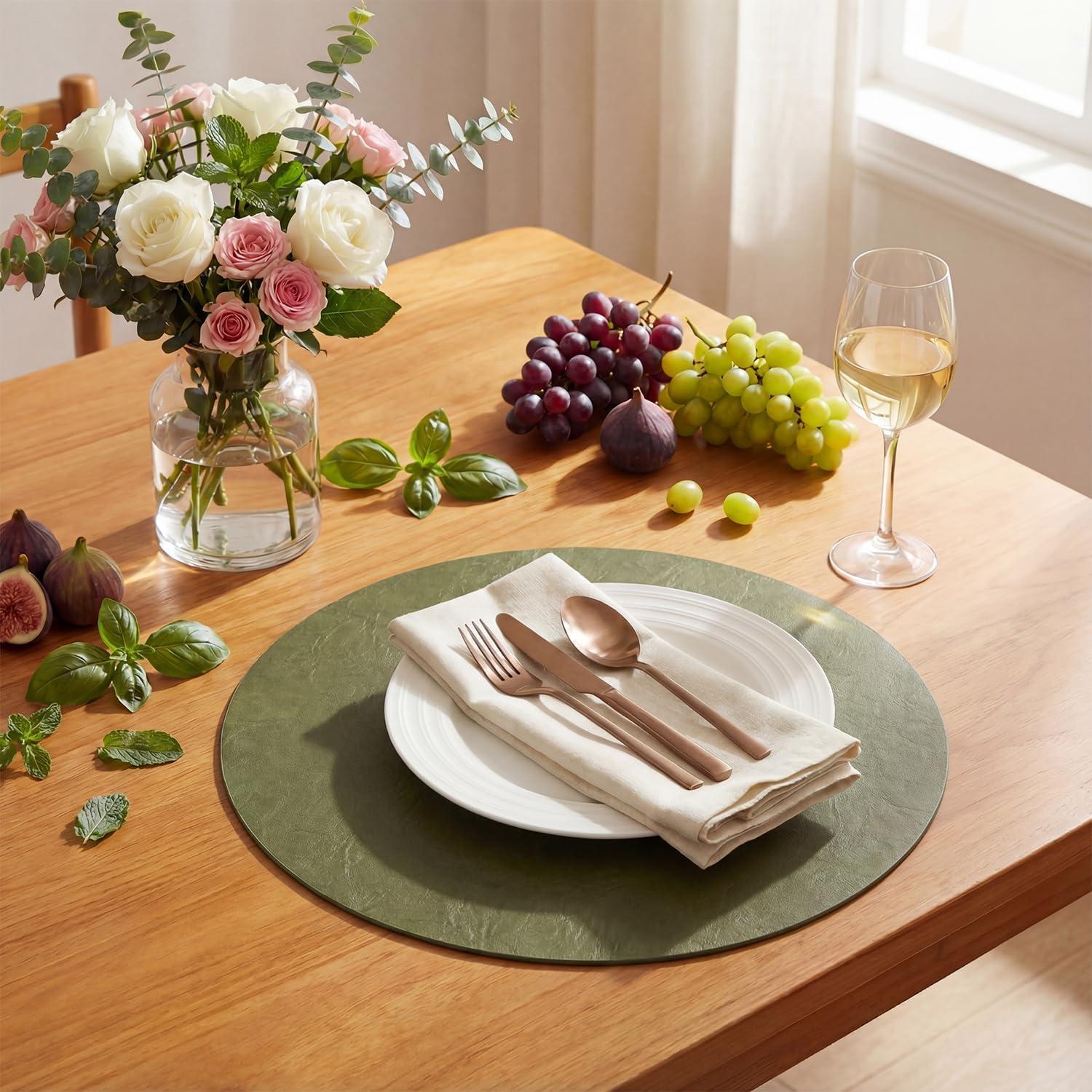 image:imageArtoid Mode Green Faux Leather Placemats Set of 4 15 Inch Waterproof Wipeable Heat Resistant Vinyl Place Mats Reversible Table Mats for St Patricks Day Dining DecorOlive Green