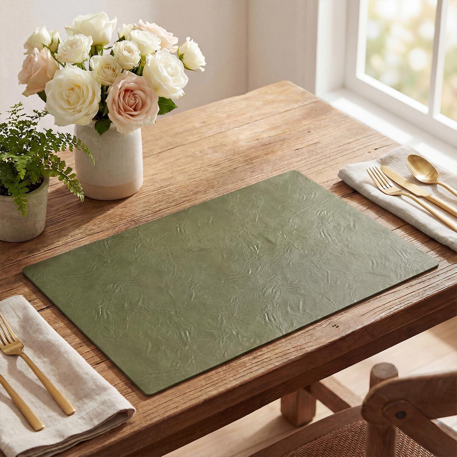image:imageArtoid Mode Green Faux Leather Placemats Set of 4 15 Inch Waterproof Wipeable Heat Resistant Vinyl Place Mats Reversible Table Mats for St Patricks Day Dining DecorOlive Green