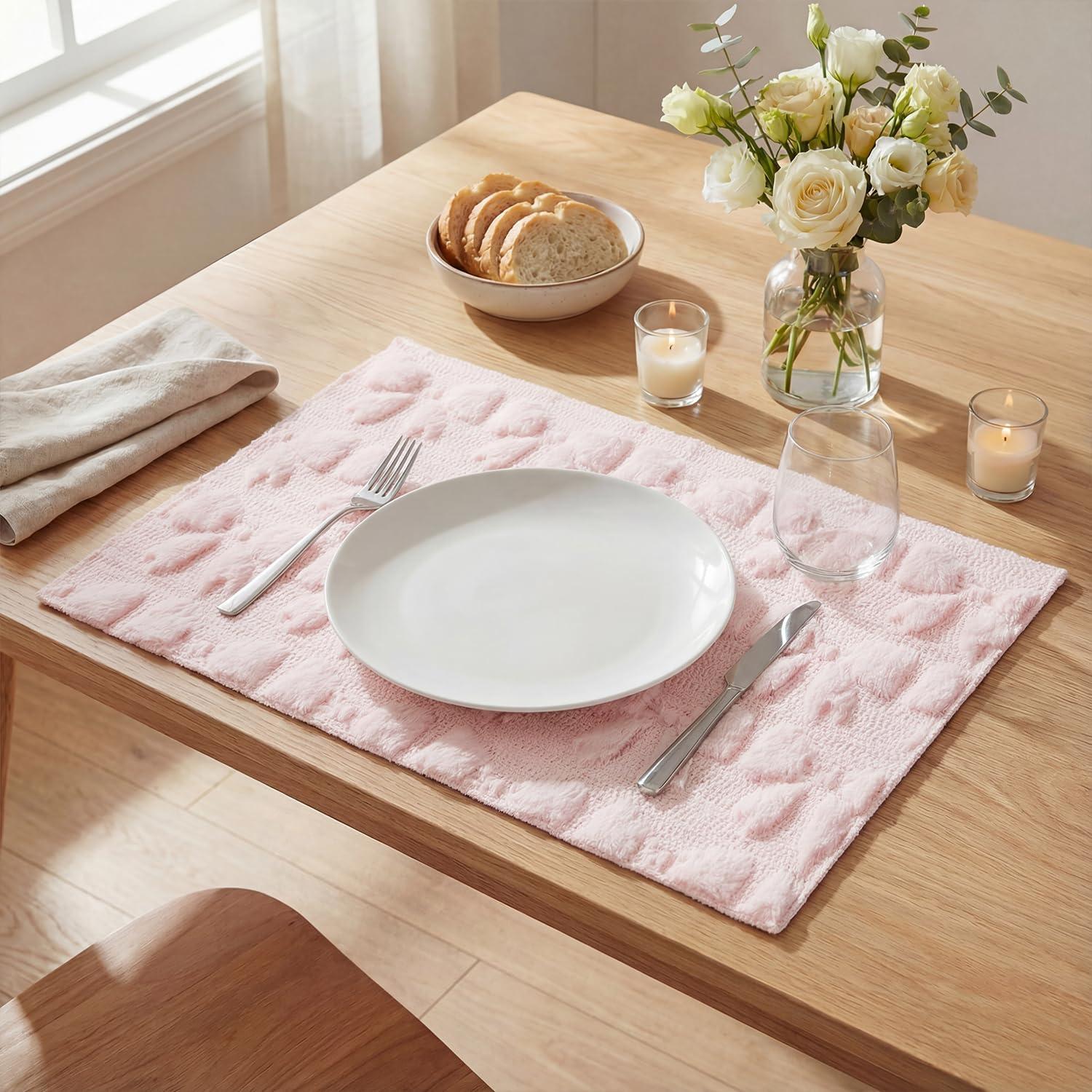 image:imageArtoid Mode Pink Bows Spring Placemats Set of 4 12x18 Inch Soft Plush Faux Fur Wool Holiday Table Mats for Party Kitchen Dining DecorationPink