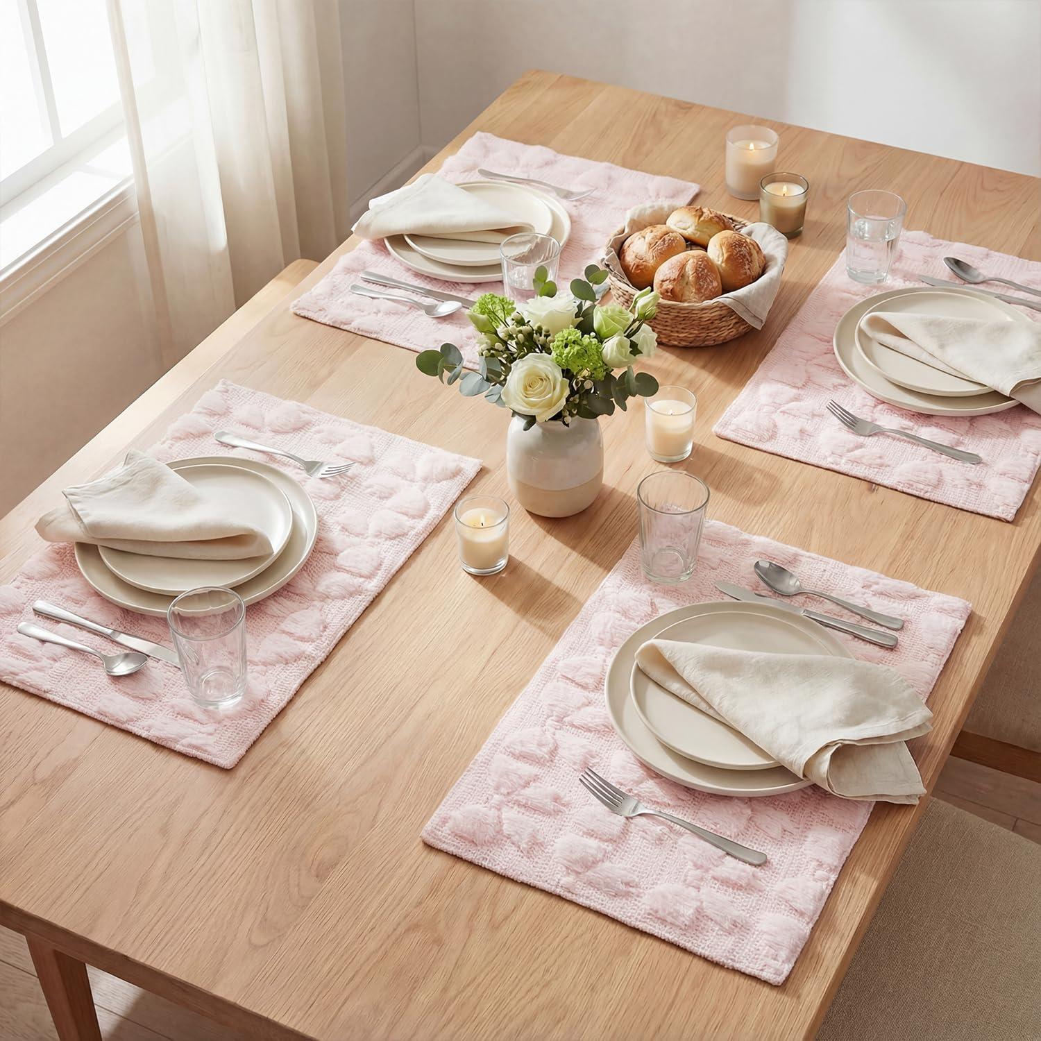 image:imageArtoid Mode Pink Bows Spring Placemats Set of 4 12x18 Inch Soft Plush Faux Fur Wool Holiday Table Mats for Party Kitchen Dining DecorationPink