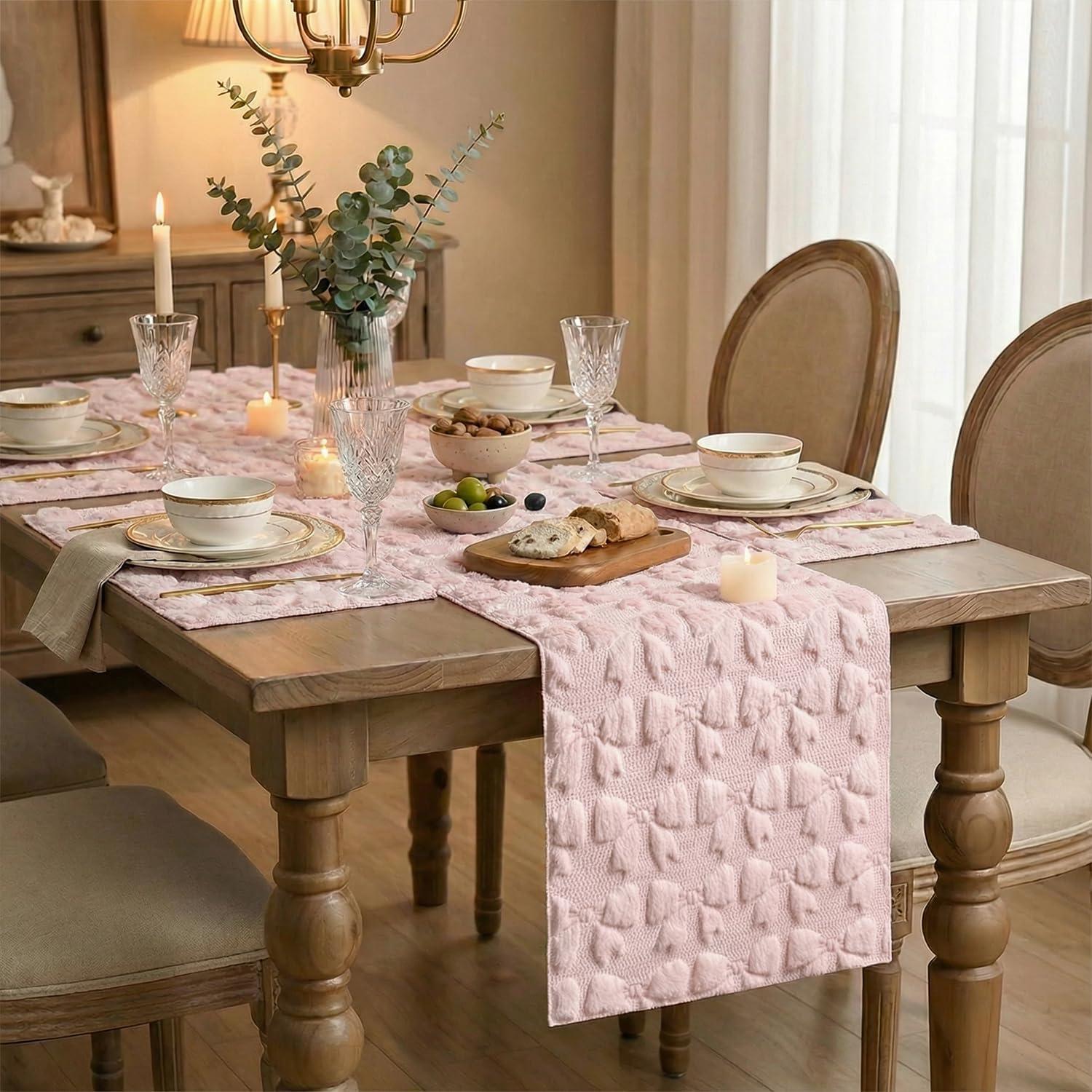 image:imageArtoid Mode Pink Bows Spring Placemats Set of 4 12x18 Inch Soft Plush Faux Fur Wool Holiday Table Mats for Party Kitchen Dining DecorationPink