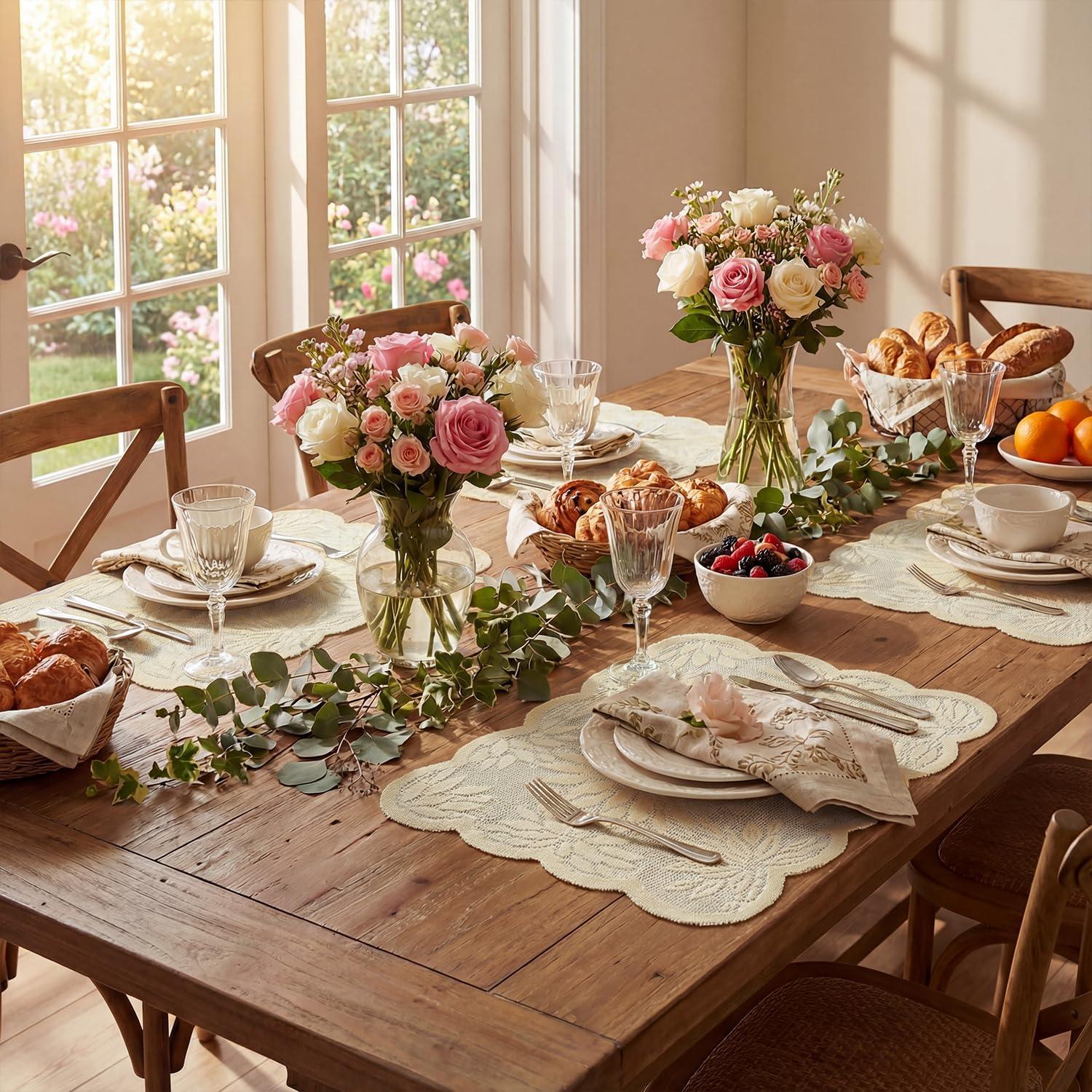 image:imageArtoid Mode Pink Dahlia Lace Placemats Set of 4 12x18 Inch Table Mats for Wedding Anniversary Party Dining Table DecorationBeige