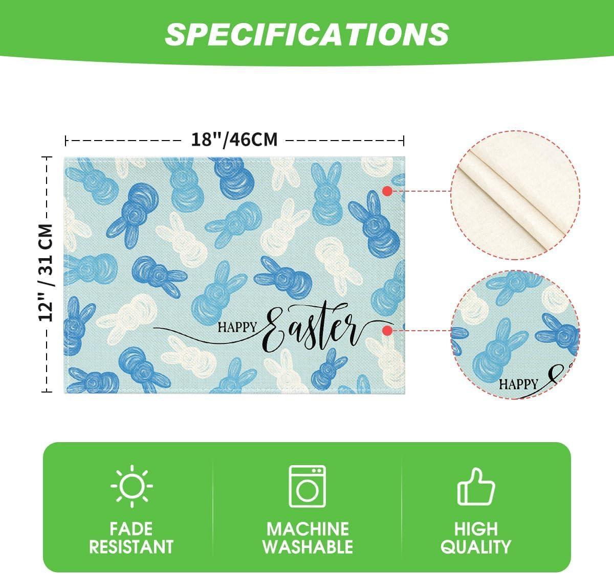 image:imageArtoid Mode Rabbit Bunny Happy Easter Placemats Set of 4 12x18 Inch Seasonal Spring Holiday Table Mats for Party Kitchen Dining DecorationBlue