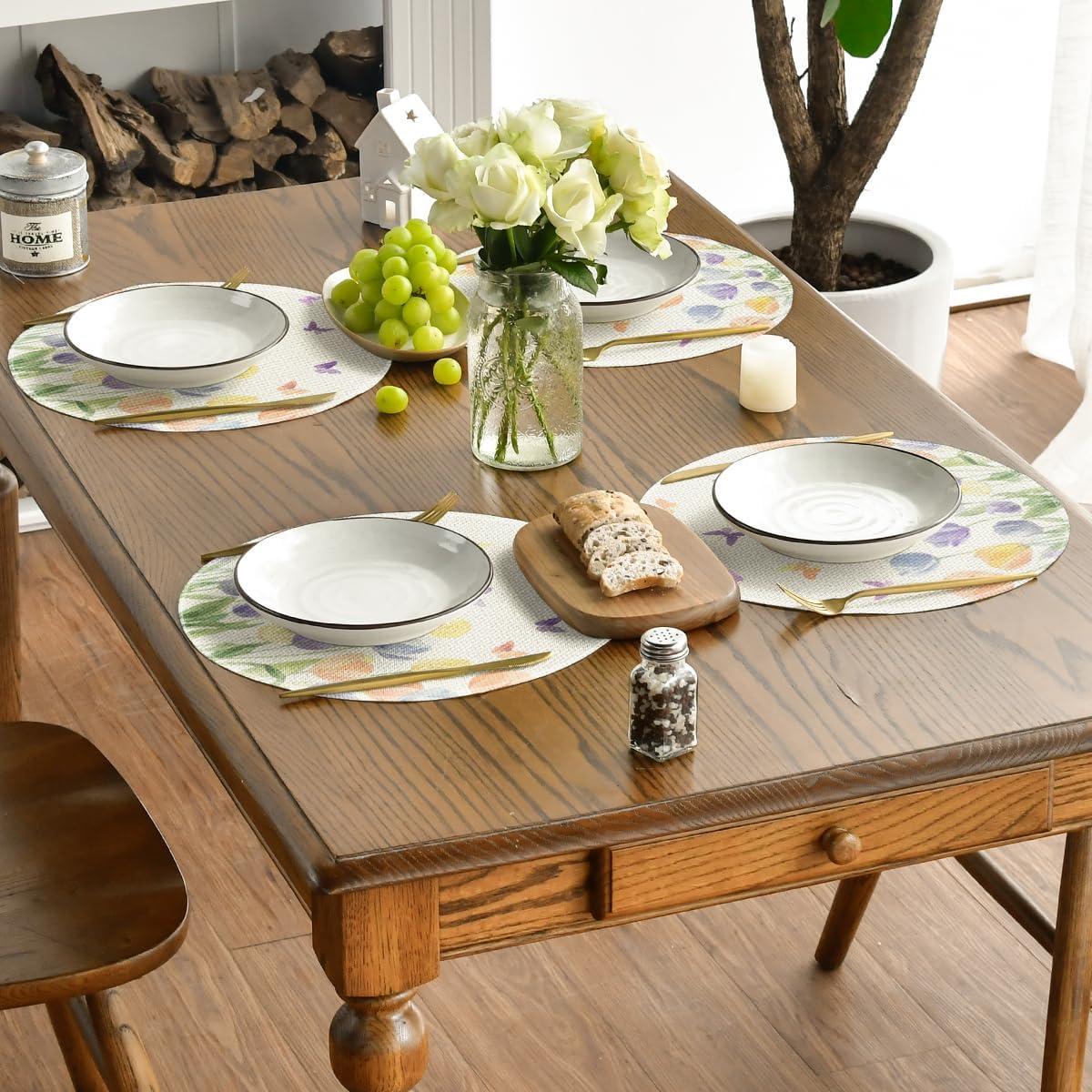 image:imageArtoid Mode Watercolour Tulip Butterflies Round Spring Placemats Set of 4 14 Inch Seasonal Holiday Table Mats for Party Kitchen Dining DecorationBeige