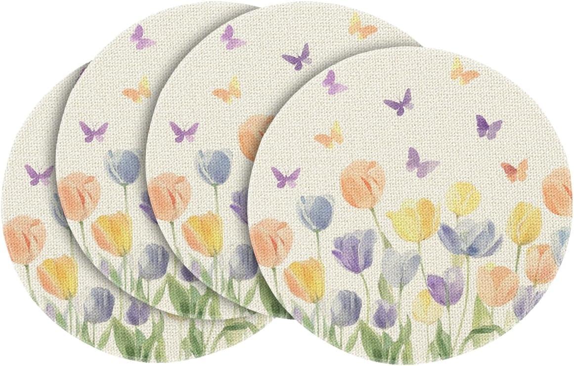 image:imageArtoid Mode Watercolour Tulip Butterflies Round Spring Placemats Set of 4 14 Inch Seasonal Holiday Table Mats for Party Kitchen Dining DecorationBeige
