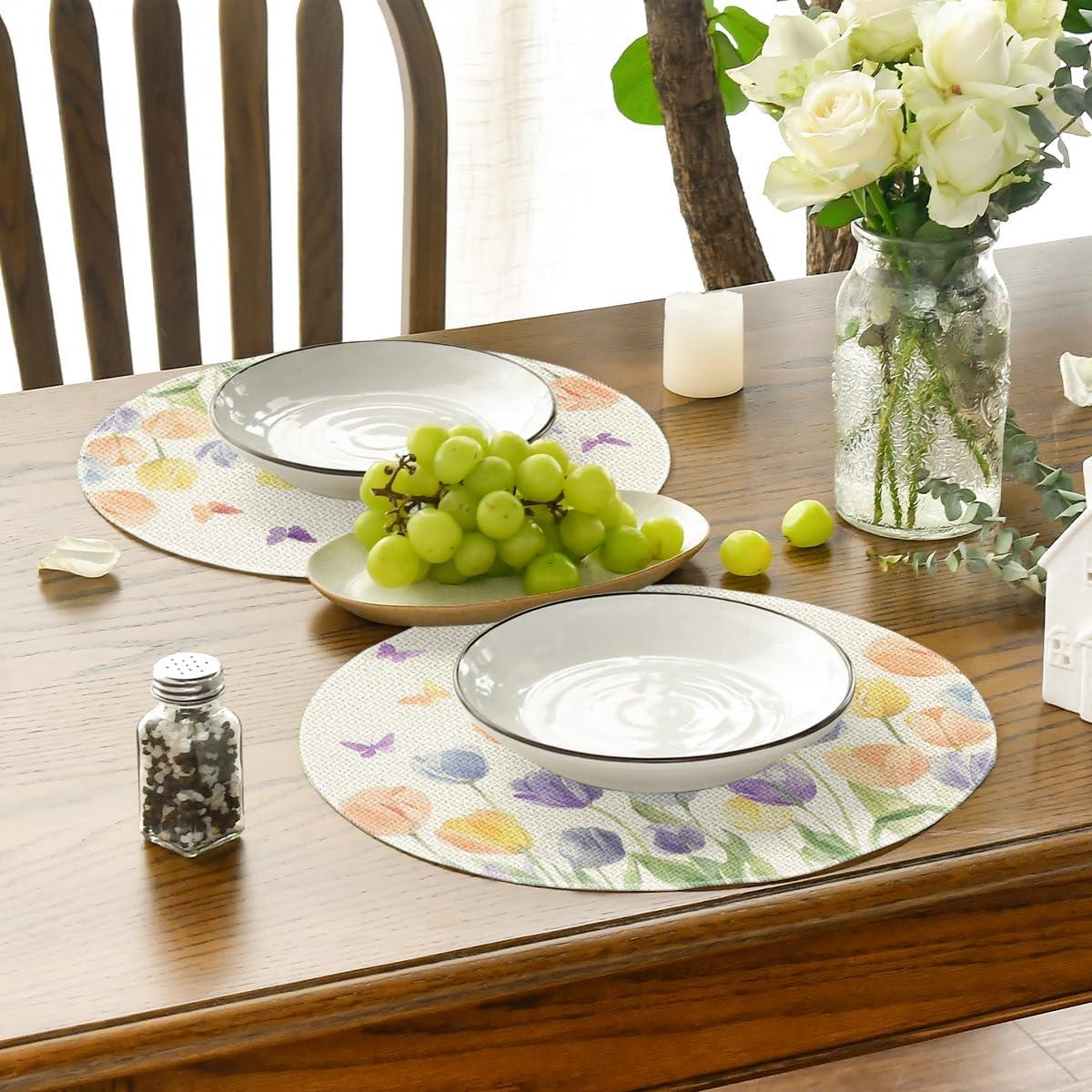 image:imageArtoid Mode Watercolour Tulip Butterflies Round Spring Placemats Set of 4 14 Inch Seasonal Holiday Table Mats for Party Kitchen Dining DecorationBeige