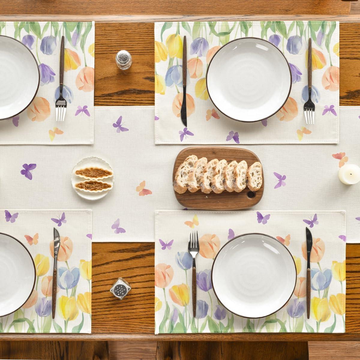 image:imageArtoid Mode Watercolour Tulip Butterflies Round Spring Placemats Set of 4 14 Inch Seasonal Holiday Table Mats for Party Kitchen Dining DecorationBeige