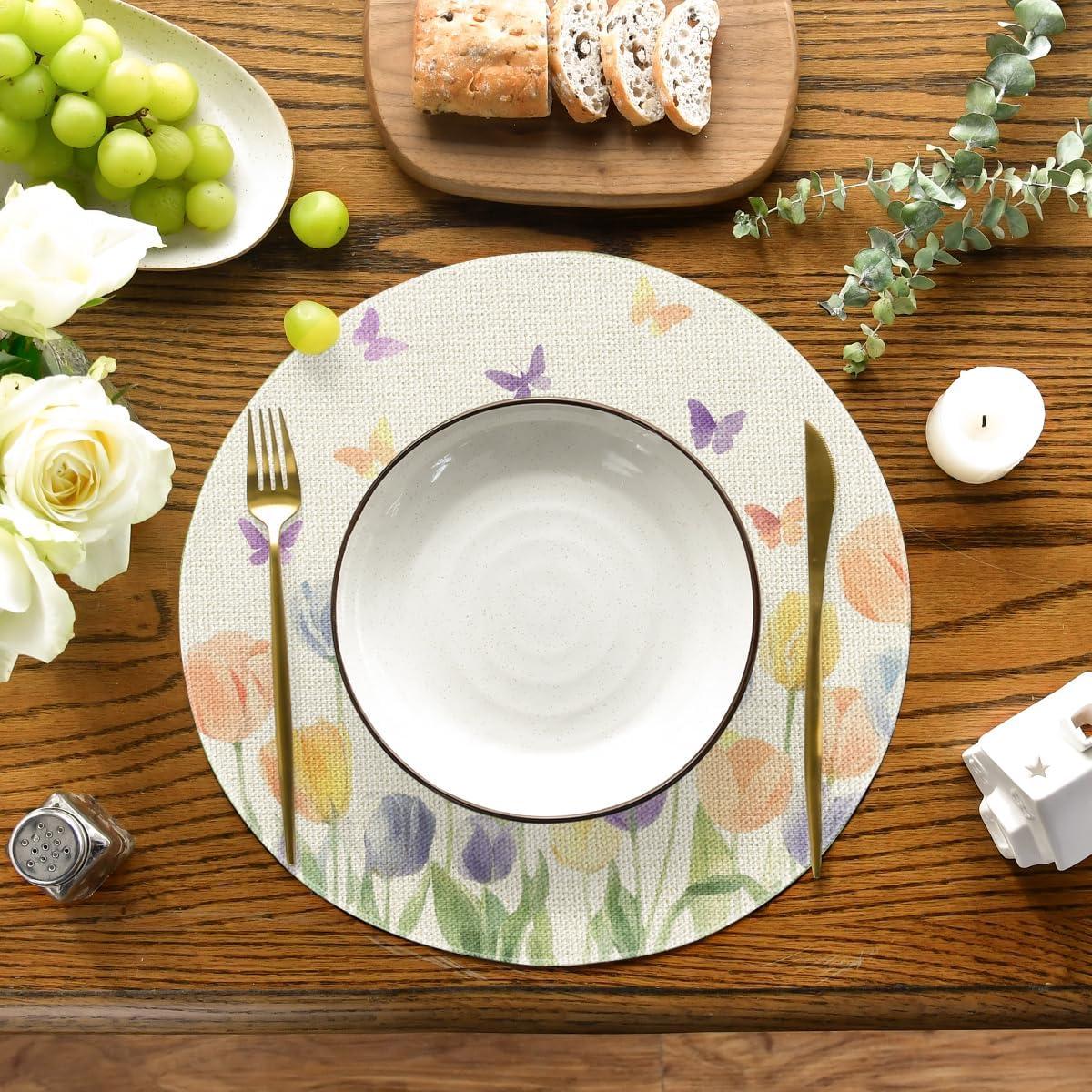 image:imageArtoid Mode Watercolour Tulip Butterflies Round Spring Placemats Set of 4 14 Inch Seasonal Holiday Table Mats for Party Kitchen Dining DecorationBeige