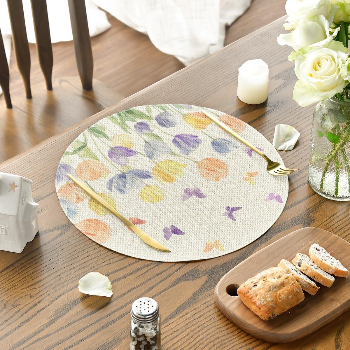image:imageArtoid Mode Watercolour Tulip Butterflies Round Spring Placemats Set of 4 14 Inch Seasonal Holiday Table Mats for Party Kitchen Dining DecorationBeige