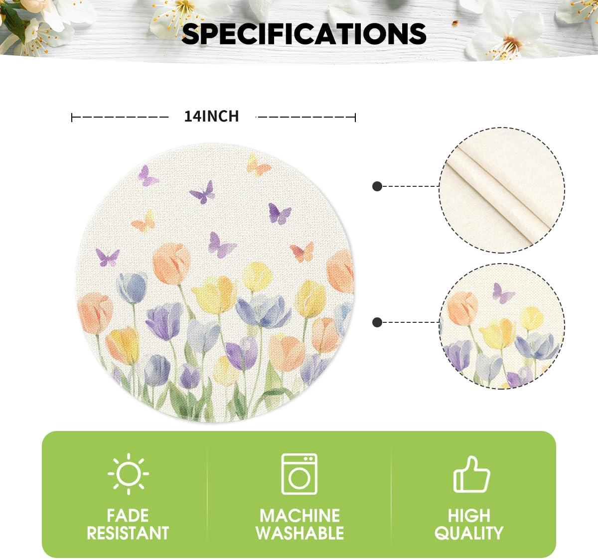 image:imageArtoid Mode Watercolour Tulip Butterflies Round Spring Placemats Set of 4 14 Inch Seasonal Holiday Table Mats for Party Kitchen Dining DecorationBeige
