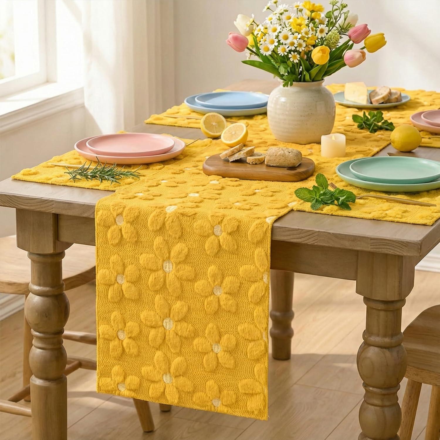 image:imageArtoid Mode Yellow Daisy Embroidery Spring Placemats Set of 4 12x18 Inch Soft Plush Faux Fur Wool Holiday Table Mats for Party Kitchen Dining DecorationOrange Yellow