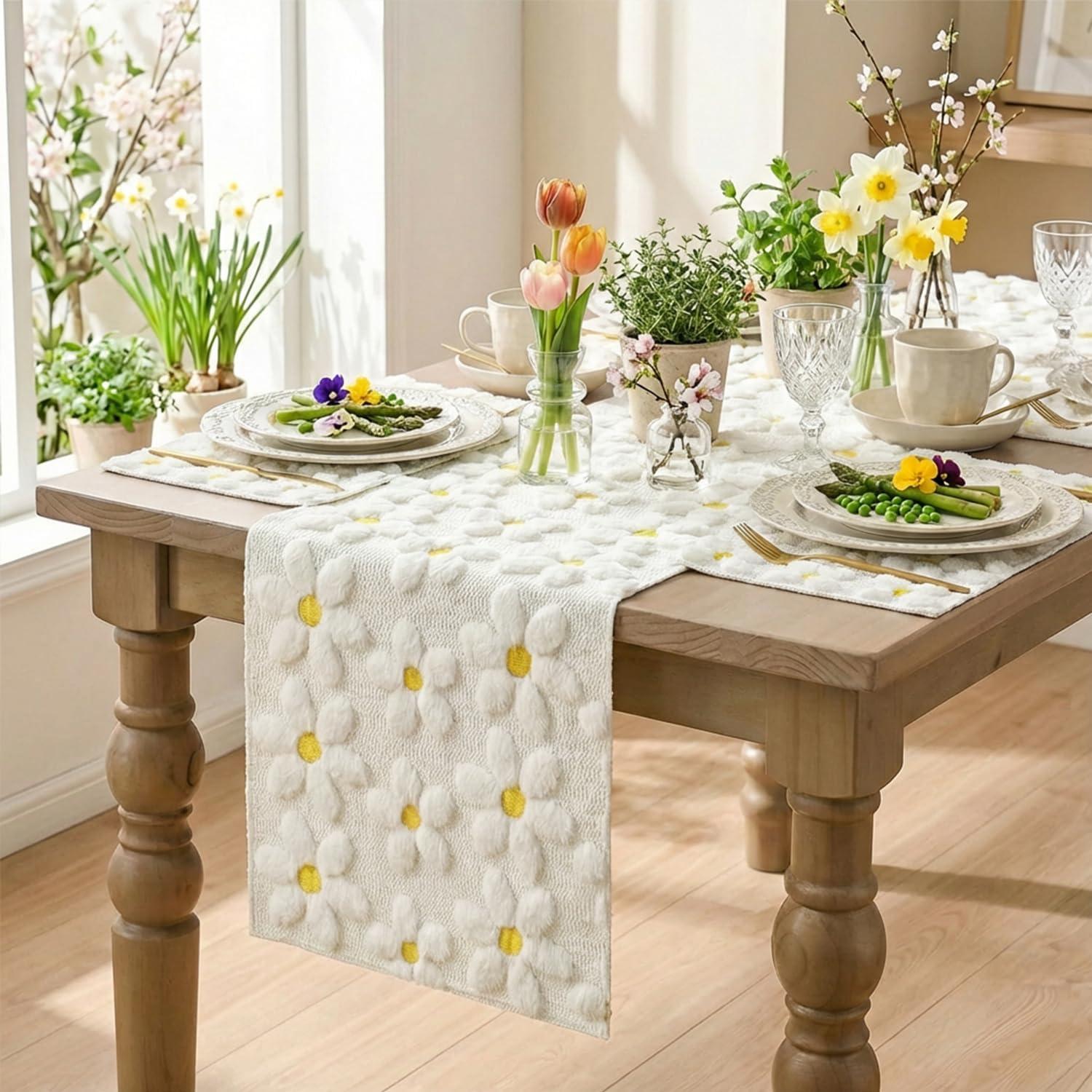 image:imageArtoid Mode Yellow Daisy Embroidery Spring Placemats Set of 4 12x18 Inch Soft Plush Faux Fur Wool Holiday Table Mats for Party Kitchen Dining DecorationWhite