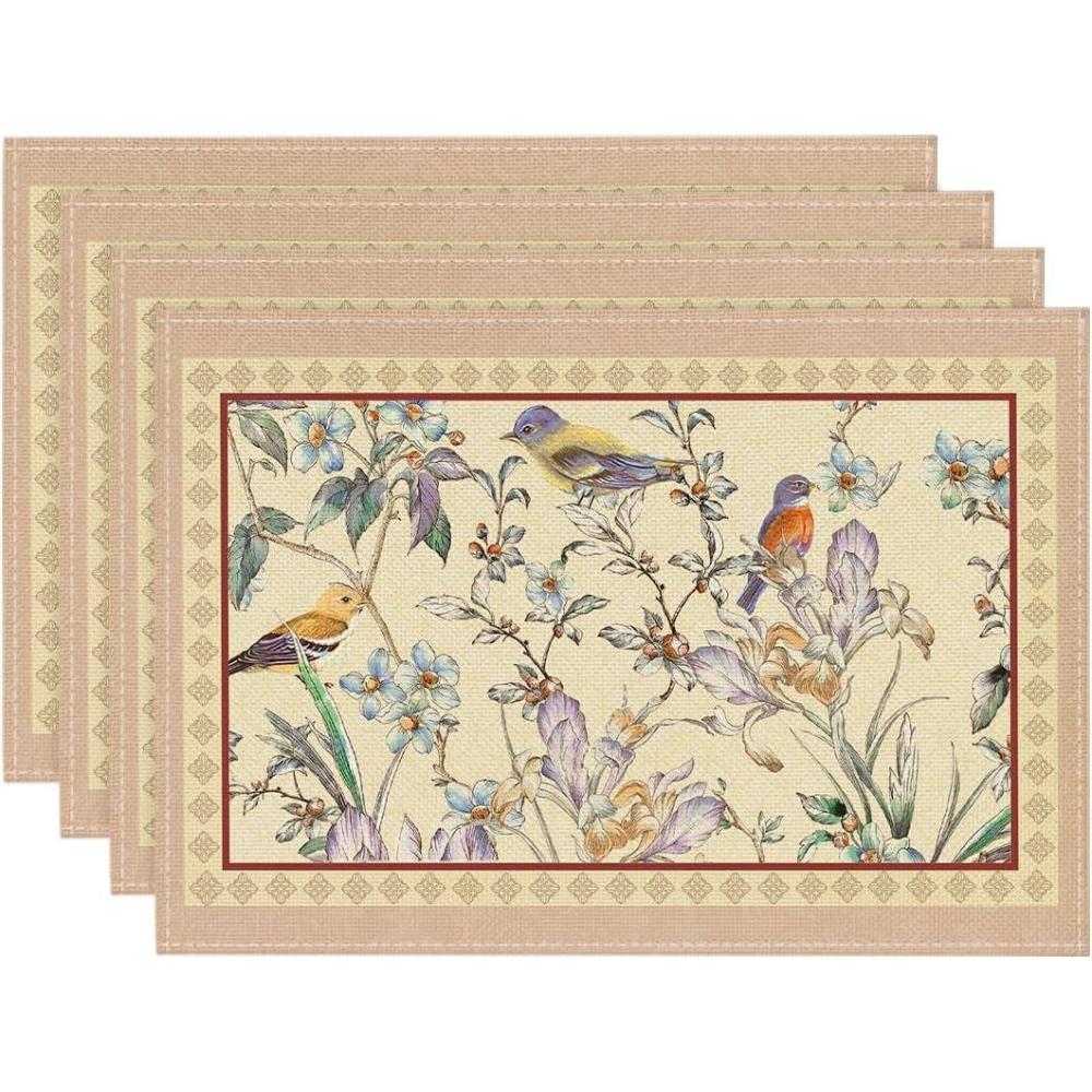 image:imageArtoid Mode Blue Birds Flowers Blossom Placemats Set of 4 12x18 Inch Table Mats for Table Runner Party Kitchen Dining DecorationCamel