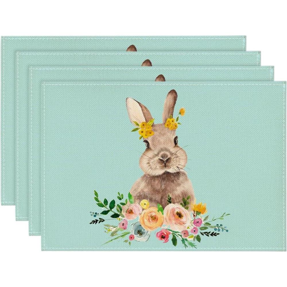 image:imageArtoid Mode Blue Rabbit Bunny Flowers Easter Placemats for Dining Table 12 x 18 Inch Spring Summer Seasonal Holiday Rustic Vintage Washable Table Mats Set of 4Blue
