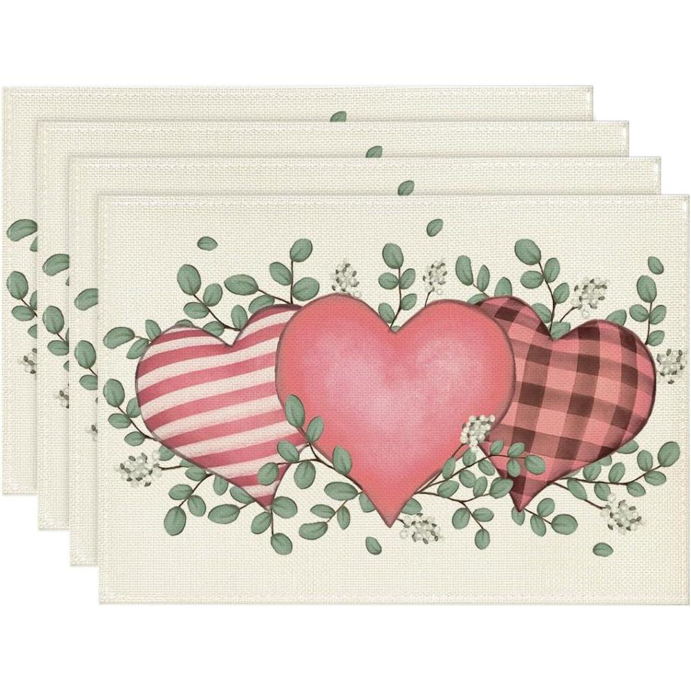 image:imageArtoid Mode Buffalo Plaid Eucalyptus Hearts Valentine Placemats Set of 2 12x18 Inch Anniversary Wedding Table Mats for Party Kitchen DiningPinkBeige