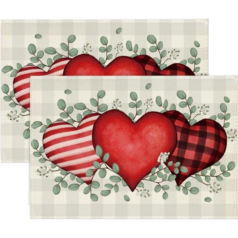 image:imageArtoid Mode Buffalo Plaid Eucalyptus Hearts Valentine Placemats Set of 2 12x18 Inch Anniversary Wedding Table Mats for Party Kitchen DiningRedBeige