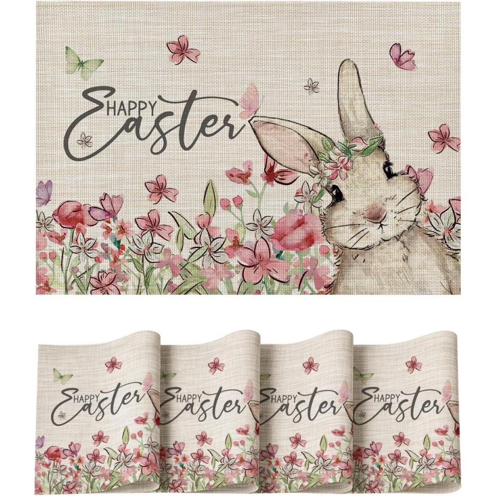 image:imageArtoid Mode Bunny Flowers Vinyl Happy Easter Placemats Set of 4 12x18 Inch Wipeable NonSlip Spring PVC Place Mats for Party Kitchen Dining Decor