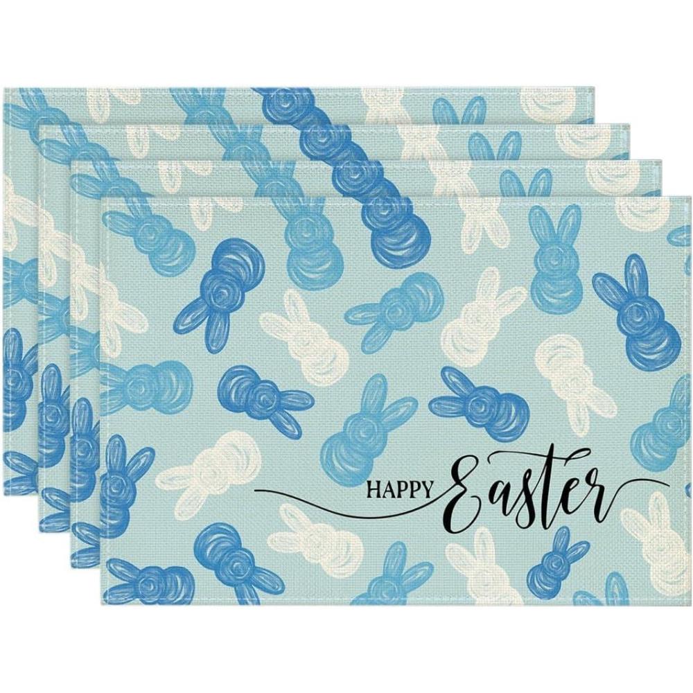 image:imageArtoid Mode Rabbit Bunny Happy Easter Placemats Set of 4 12x18 Inch Seasonal Spring Holiday Table Mats for Party Kitchen Dining DecorationBlue
