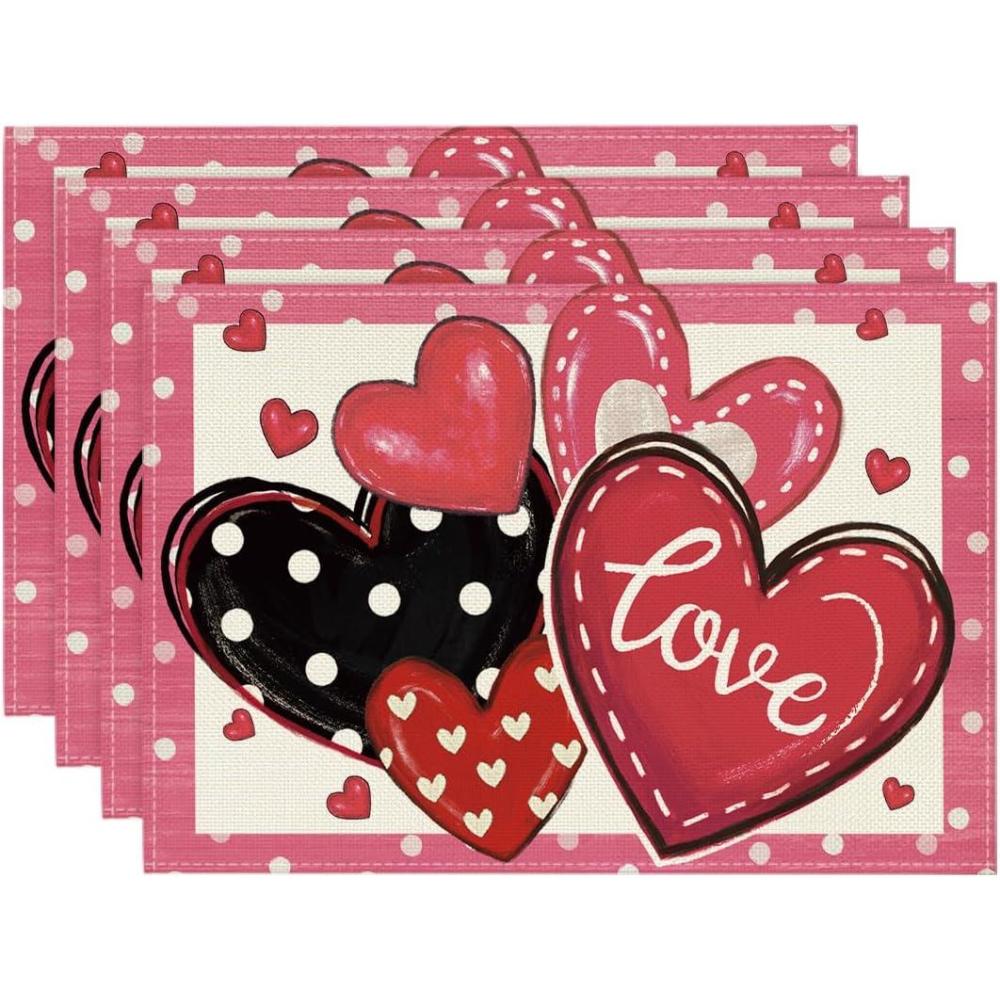 image:imageArtoid Mode Red Dot Heart Love Valentine Placemats Set of 4 12x18 Inch Wedding Anniversary Table Mats for Party Kitchen Dining DecorationPink