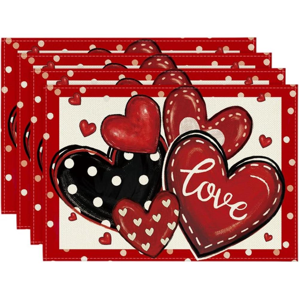image:imageArtoid Mode Red Dot Heart Love Valentine Placemats Set of 4 12x18 Inch Wedding Anniversary Table Mats for Party Kitchen Dining DecorationRed