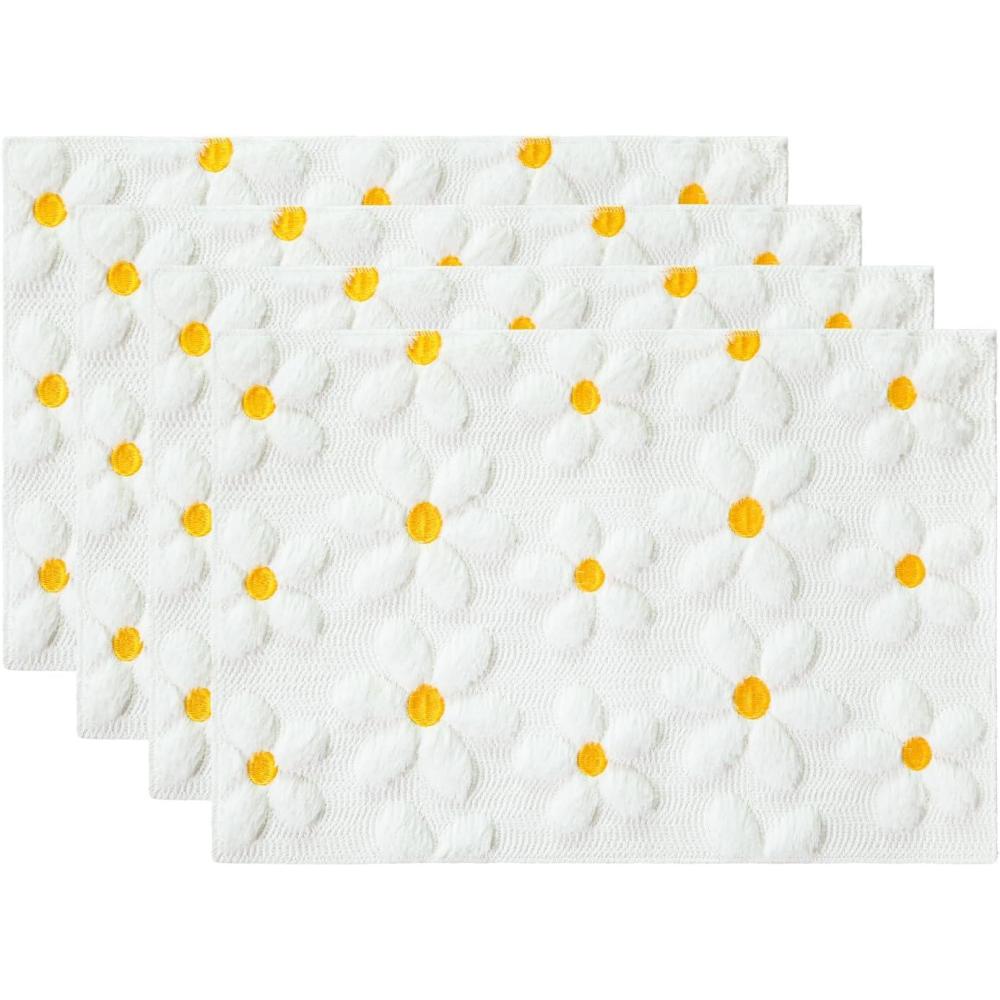 image:imageArtoid Mode Yellow Daisy Embroidery Spring Placemats Set of 4 12x18 Inch Soft Plush Faux Fur Wool Holiday Table Mats for Party Kitchen Dining DecorationWhite
