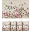Artoid Mode Bunny Flowers Vinyl Happy Easter Placemats Set of 4, 12×18 Inch Wipeable Non-Slip Spring PVC Place Mats for Party Kitchen Dining Decor