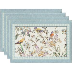 Artoid Mode Blue Birds Flowers Blossom Placemats Set of 4, 12×18 Inch Table Mats for Table Runner Party Kitchen Dining Decoration(Blue)