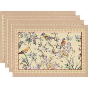 Artoid Mode Blue Birds Flowers Blossom Placemats Set of 4, 12×18 Inch Table Mats for Table Runner Party Kitchen Dining Decoration(Camel)