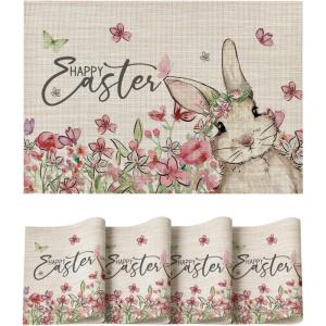 Artoid Mode Bunny Flowers Vinyl Happy Easter Placemats Set of 4, 12×18 Inch Wipeable Non-Slip Spring PVC Place Mats for Party Kitchen Dining Decor