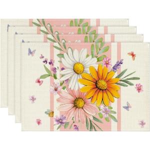 Artoid Mode Green Daisy Leaf Spring Placemats Set of 4, 12×18 Inch Seasonal Summer Holiday Pastoral Table Mats for Party Kitchen Dining Decoration(Pink)