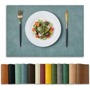 Artoid Mode Green Faux Leather Placemats Set of 4, 15 Inch Waterproof Wipeable Heat Resistant Vinyl Place Mats, Reversible Table Mats for St. Patrick’s Day Dining Decor(Blue)