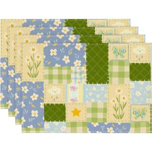 Artoid Mode Patchwork Buffalo Plaid Floral Spring Placemats Set of 4, 12×18 Inch Seasonal Summer Holiday Table Mats for Party Kitchen Dining Decoration