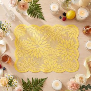 Artoid Mode Pink Dahlia Lace Placemats Set of 4, 12×18 Inch Table Mats for Wedding Anniversary Party Dining Table Decoration(Yellow)