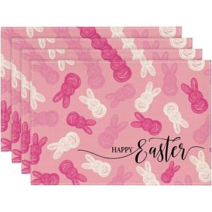 Artoid Mode Rabbit Bunny Happy Easter Placemats Set of 4, 12×18 Inch Seasonal Spring Holiday Table Mats for Party Kitchen Dining Decoration(Pink)