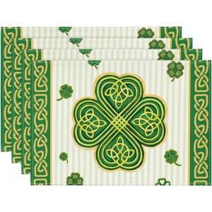 Artoid Mode Stripes Shamrock Lucky Irish St. Patrick’s Day Placemats Set of 6, 12×18 Inch Seasonal Spring Table Mats for Party Kitchen Dining Decoration(Beige)
