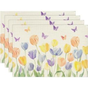 Artoid Mode Watercolour Tulip Butterflies Round Spring Placemats Set of 4, 14 Inch Seasonal Holiday Table Mats for Party Kitchen Dining Decoration(Beige)