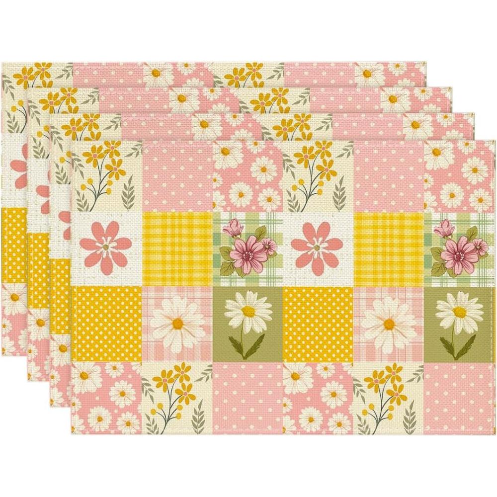 image:imageArtoid Mode Plaid Polka Dot Flowers Spring Placemats Set of 4 12x18 Inch Seasonal Summer Holiday Table Mats for Party Kitchen Dining Decoration