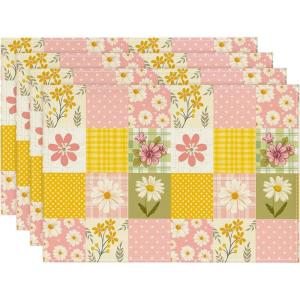 Artoid Mode Plaid Polka Dot Flowers Spring Placemats Set of 4, 12×18 Inch Seasonal Summer Holiday Table Mats for Party Kitchen Dining Decoration