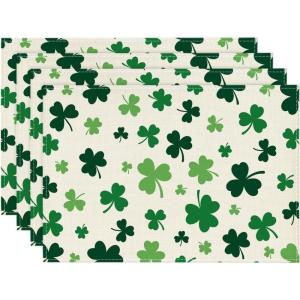 Artoid Mode Light Green Shamrocks St. Patrick’s Day Placemats Set of 4, 12×18 Inch Luck Spring Table Mats for Party Kitchen Dining Decoration(Beige)