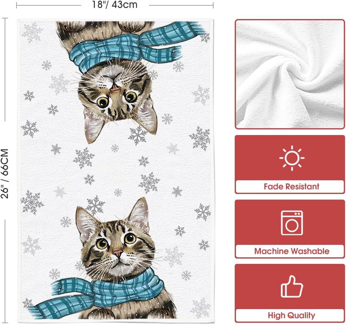 image:imageArtoid Mode Blue Cat Hello Winter Kitchen Towels Dish Towels 18x26 Inch Print Snowflakes Christmas Decoration Hand Towels Set of 2