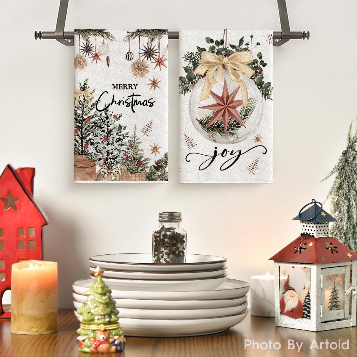image:imageArtoid Mode Blue Xmas Tree Merry Christmas Kitchen Towels Dish Towels 18x26 Inch Holiday Gloves Ball Hello Winter Decoration Hand Towels Set of 4Beige