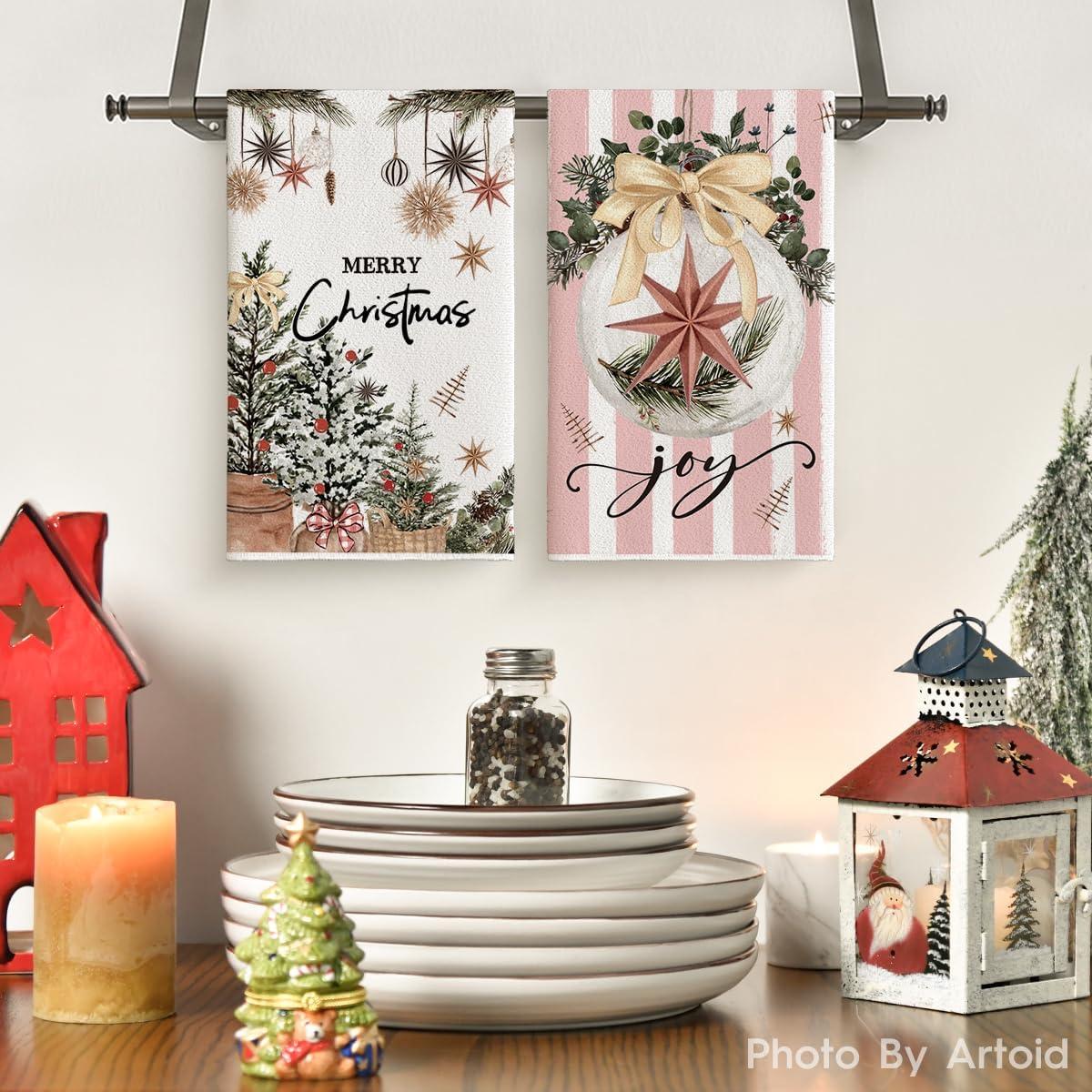 image:imageArtoid Mode Blue Xmas Tree Merry Christmas Kitchen Towels Dish Towels 18x26 Inch Holiday Gloves Ball Hello Winter Decoration Hand Towels Set of 4Pink