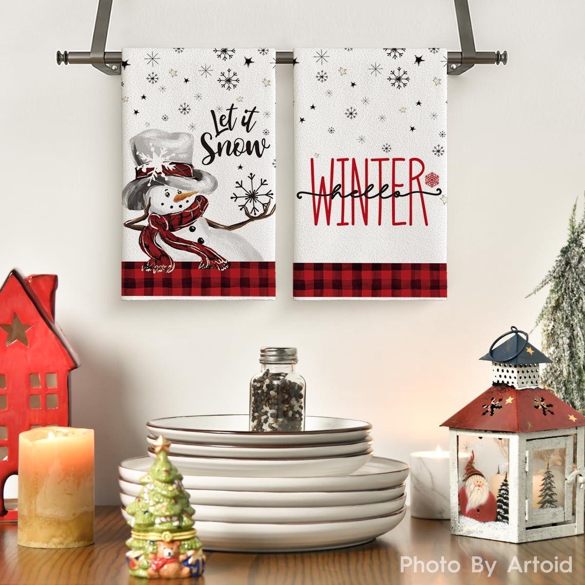 image:imageArtoid Mode Buffalo Plaid Snowman Let It Snow Winter Kitchen Towels Dish Towels 18x26 Inch Daily Seasonal Christmas Decoration Hand Towels Set of 2RedBlack