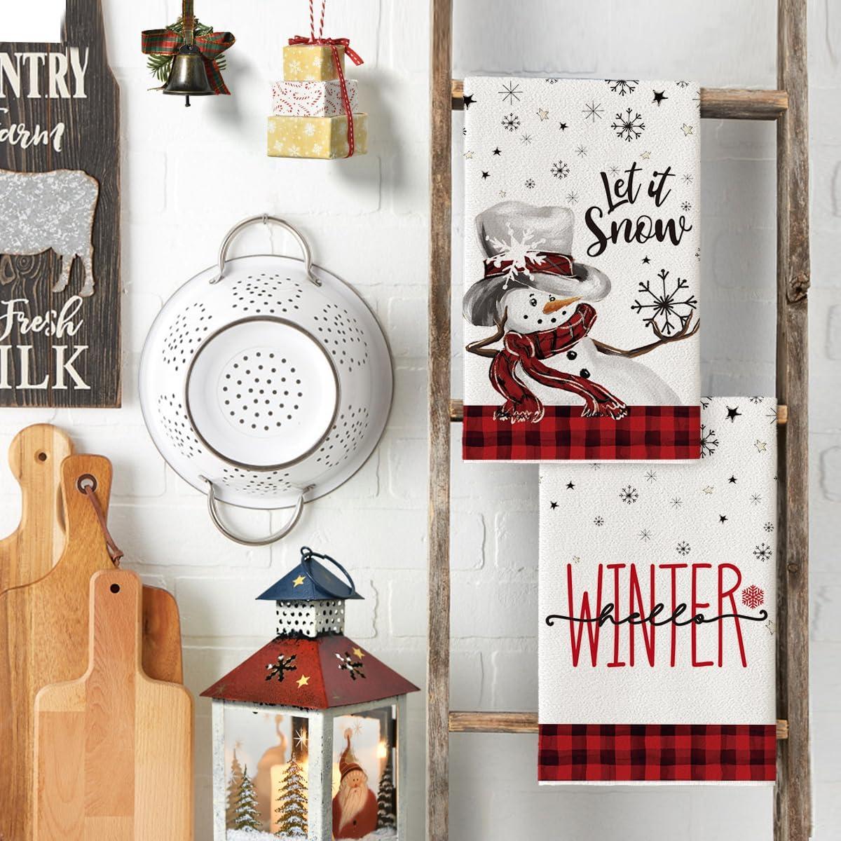 image:imageArtoid Mode Buffalo Plaid Snowman Let It Snow Winter Kitchen Towels Dish Towels 18x26 Inch Daily Seasonal Christmas Decoration Hand Towels Set of 2RedBlack