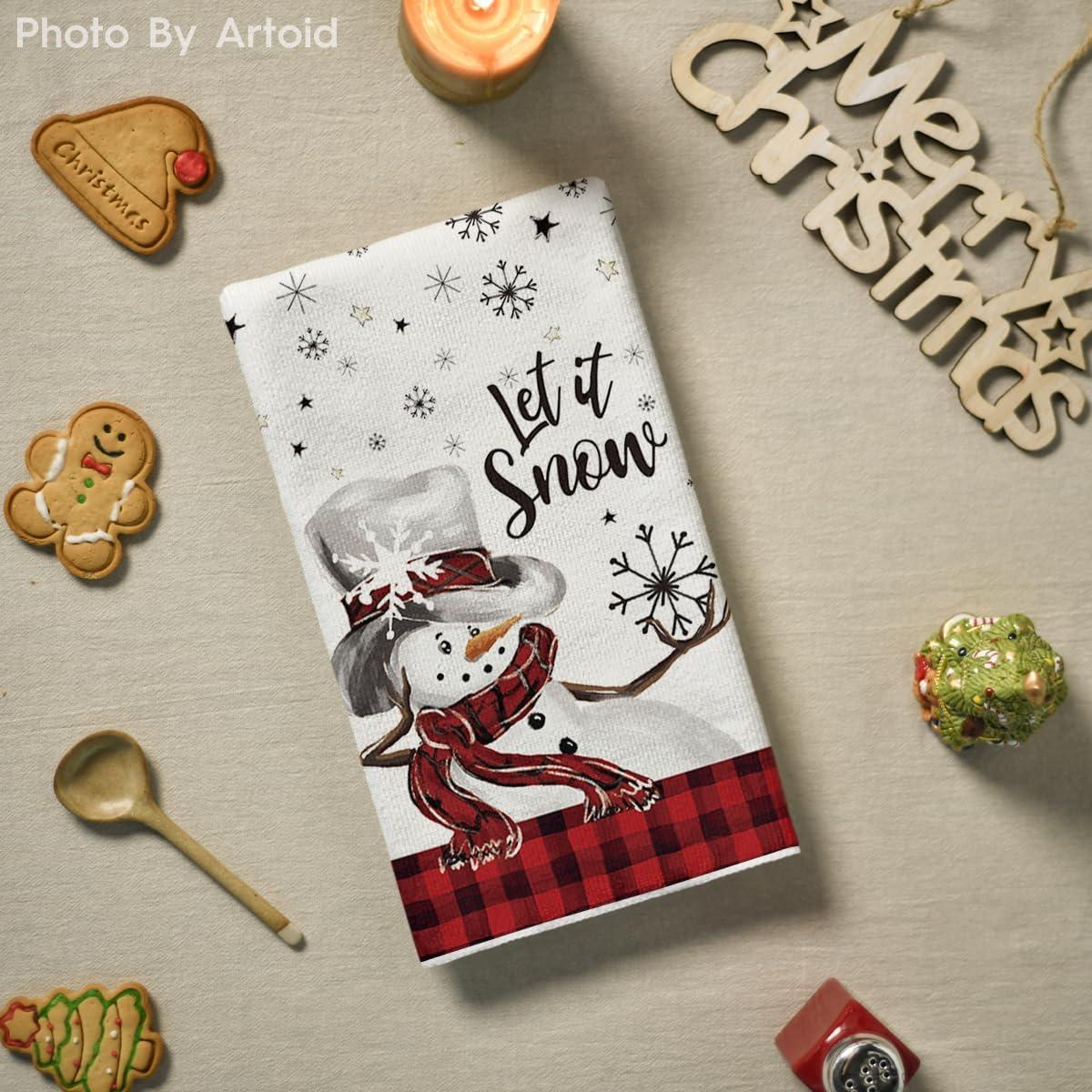 image:imageArtoid Mode Buffalo Plaid Snowman Let It Snow Winter Kitchen Towels Dish Towels 18x26 Inch Daily Seasonal Christmas Decoration Hand Towels Set of 2RedBlack