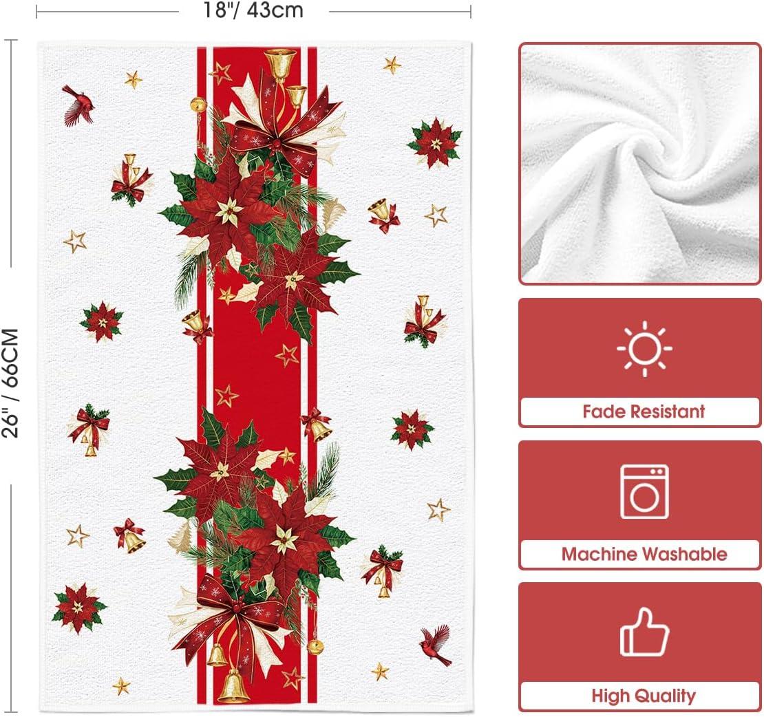 image:imageArtoid Mode Red Robin Poinsettia Bell Christmas Kitchen Towels Dish Towels 18x26 Inch Farmhouse Holiday Winter Decoration Cleaning Set of 4